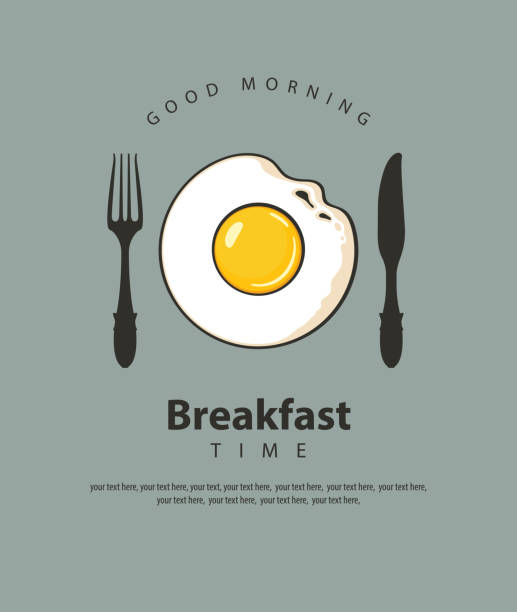 Breakfast banner with fried egg, fork and knife Vector banner on the theme of Breakfast time with fried egg, fork and knife on the grey background with place for text in retro style omelette on the plate stock illustrations