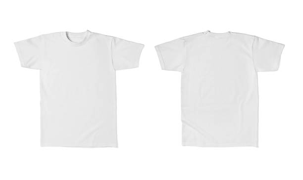 white t shirt template cotton fashion close up of  a white t shirt template front and back on white background. each one is shot separately front view stock pictures, royalty-free photos & images