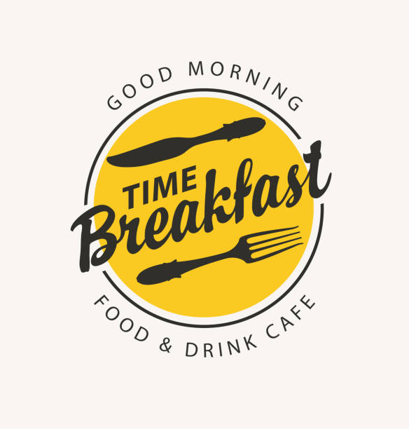illustrations, cliparts, dessins animés et icônes de bannière pour le temps de petit déjeuner avec la fourchette et le couteau - vaisselle picto