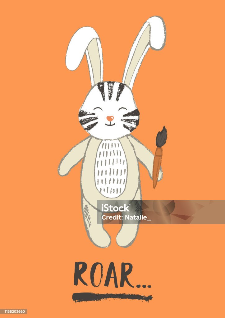 White rabbit with painted tiger stripes on the face and word "Roar". White rabbit with painted tiger stripes on the face and word "Roar". Hand drawn cute bunny. Vector illustration. Anger stock vector
