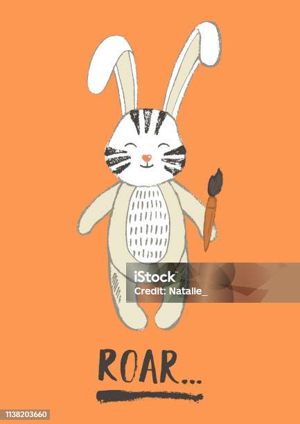 White Rabbit With Painted Tiger Stripes On The Face And Word Roar Stock Illustration - Download Image Now