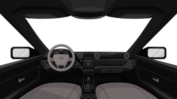 ilustrações, clipart, desenhos animados e ícones de salão de carro. vista do interior do veículo. painel frontal do painel. exibição do driver. projeto simples dos desenhos animados. interior do carro realista. ilustração lisa do vetor do estilo. - car driving front view cartoon