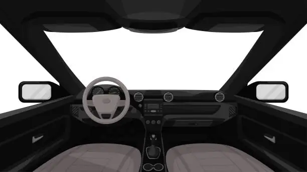 Vector illustration of Car salon. View from inside of vehicle. Dashboard front panel. Driver view. Simple cartoon design. Realistic car interior. Flat style vector illustration.
