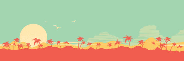 Tropical island paradise background with palms silhouette and sky illustration