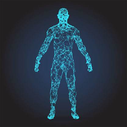 Wire frame human full body in virtual reality. Medical blue print scanned 3D model. Polygonal technology design