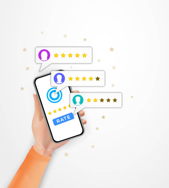 istock Five star review rating with bubble speeches on mobile phone isolated on white background. Realistic hand holding smartphone, good or bad rate. Testimonial feedback concept. Flat vector illustration 1138208324