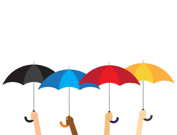 векторная иллюстрация группы рук, держащих зонтики изолированы на белом фоне - storm umbrella parasol rain stock illustrations