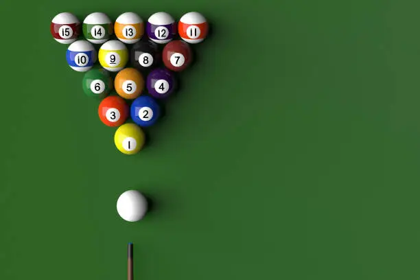 3D rendering of billard balls arranged in a pool table by numeric order