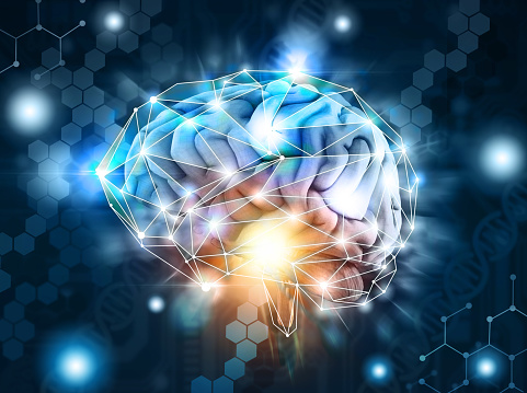 Concept of a human brain a artificial intelligence,  processing neurological data, cloud, 3d render