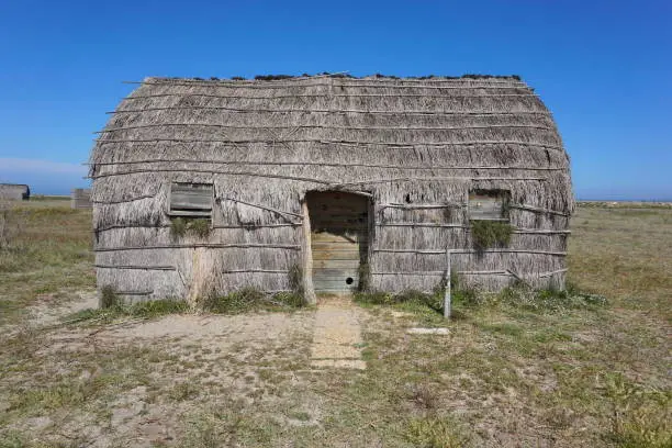 Traditional fishermen hut made from reed, Canet en Roussillon, Pyrenees Orientales, Roussillon, south of France