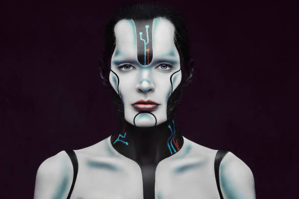 istock Sensual cyber woman with creative make-up. Technology and future concept. Isolated on a dark textured background. 1138210264