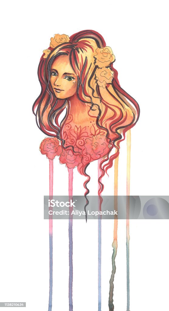 watercolor illustration of a red girl Adolescence stock illustration