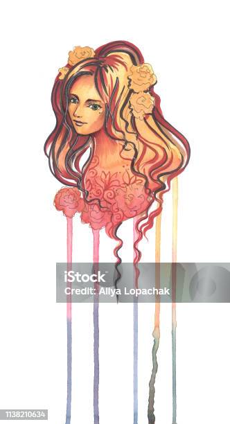 Watercolor Illustration Of A Red Girl Stock Illustration - Download Image Now - Adolescence, Beauty, Drawing - Art Product