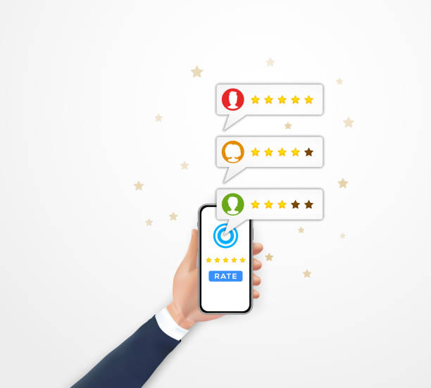 istock Customer review, 5 star rating system with speech bubbles on mobile app screen. Hand holding smartphone with feedback evaluation isolated on white background. Flat vector illustration 1138210696