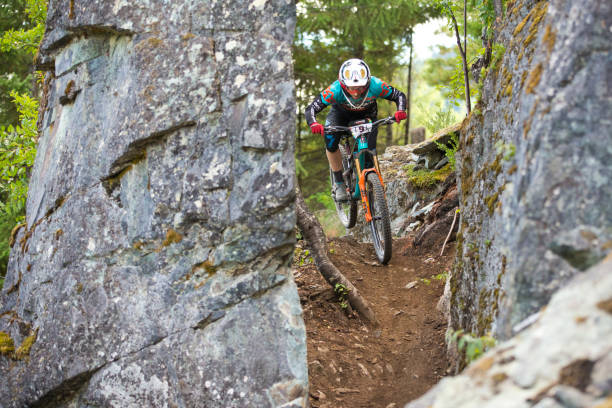 Whistler Crankworx Enduro World Series Mountain Bike Race Jesse Melamed of Canada competes in the Crankworx Enduro World Series mountain bike race at the in Whistler, B.C., Canada on August 13, 2017.  He would go on to win the competition. (John Gibson Photo/Gibson Pictures) whistler mountain stock pictures, royalty-free photos & images