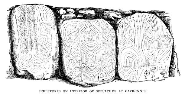 Decorated slabs on the inside of the Neolithic passage tomb on the small island of Gavrinis in the Gulf of Morbihan, in Brittany, France. From “French Pictures: Drawn With Pen and Pencil” by the Rev. Samuel G. Green, D.D. Published by The Religious Tract Society, London, 1878.