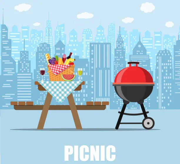 Vector illustration of Summer picnic table on city background.