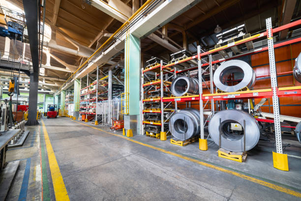istock Tiered rack with sheet metal rolls. Internal warehouse of raw materials 1138216396