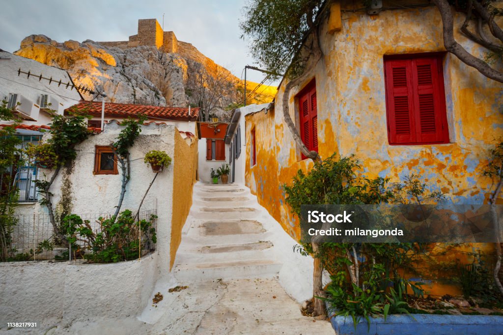 Athens, Greece. Anafiotika neighborhood and Acropolis in the old town of Athens, Greece. "n Athens - Greece Stock Photo