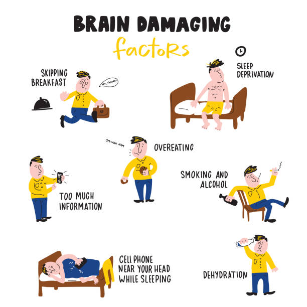 Brain damaging factors. Infographic poster with funny doodle character showing how can you damage your brain. Vector Brain damaging factors. Infographic poster with funny doodle character showing how can you damage your brain. Vector illustration brain eater stock illustrations