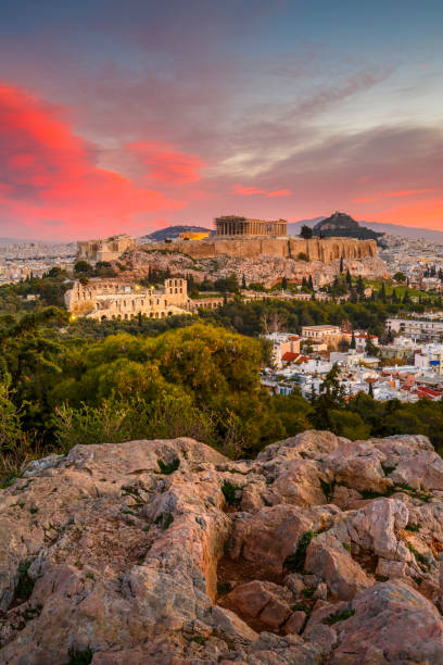 Athens, Greece. View of Acropolis from Filopappou hill at sunrise, Greece. "n acropolis athens stock pictures, royalty-free photos & images