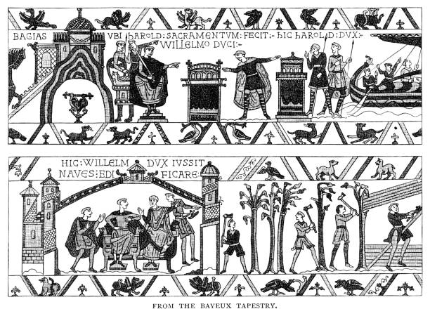sceny z bayeux tapestry - wiktoriański grawerowanie - tkanina z bayeux obrazy stock illustrations
