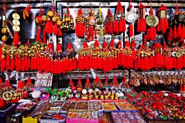 istock Chinese good luck charm products on display shelf. 1138219387