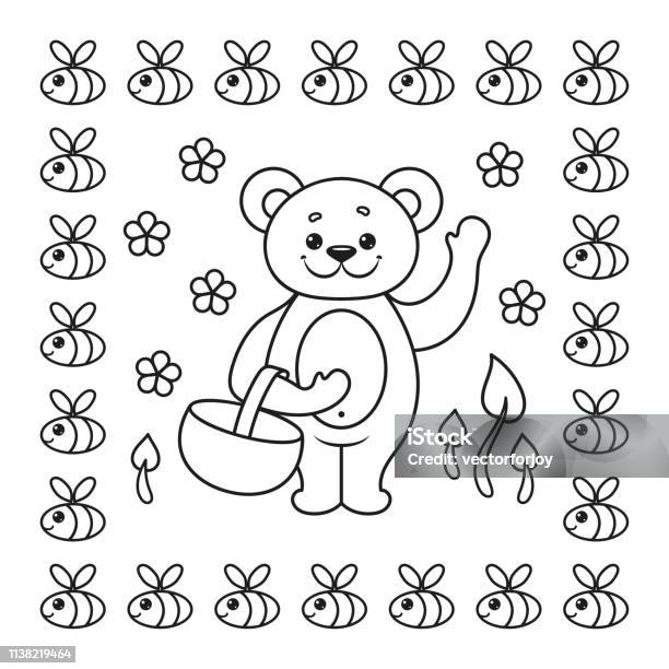Coloring Book Page With Bear And Bee Vector Illustration Stock Illustration - Download Image Now