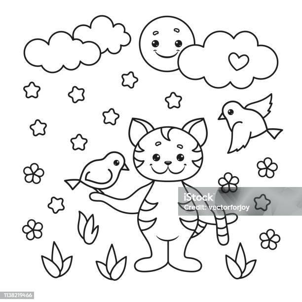 Coloring Page With Cat And Birds Vector Illustration Stock Illustration - Download Image Now