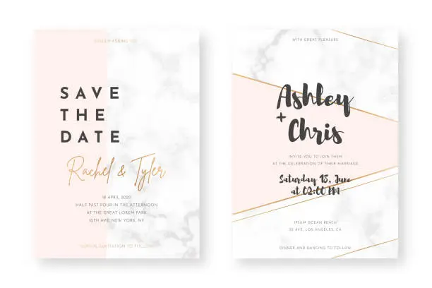 Vector illustration of Wedding card design with golden frames and marble texture. Wedding announcement or invitation design template with geometric patterns and pink background