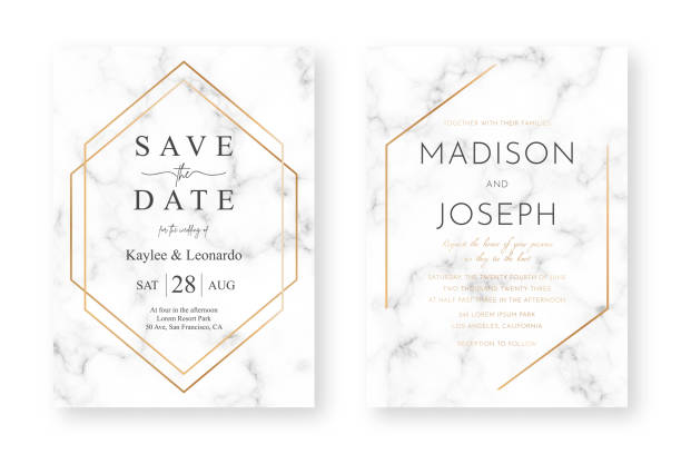 Wedding card design with golden frames and marble texture. Wedding announcement or invitation design template with geometric patterns and luxury background Wedding card design with golden frames and marble texture. Wedding announcement or invitation design template with geometric patterns and luxury background invitations templates stock illustrations