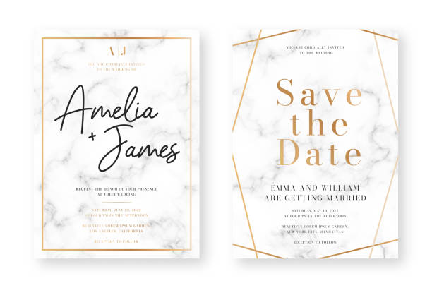 illustrations, cliparts, dessins animés et icônes de conception de carte de mariage avec des cadres dorés et texture de marbre. modèle de conception d'annonce ou invitation de mariage avec des motifs géométriques et fond de luxe - message dannonce