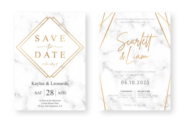 illustrations, cliparts, dessins animés et icônes de conception de carte de mariage avec des cadres dorés et texture de marbre. modèle de conception d'annonce ou invitation de mariage avec des motifs géométriques et fond de luxe - message dannonce