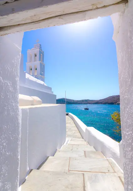 The famous old church of Agia Irini, at the entrance of Yalos, the port of Ios island, Cyclades, Greece.