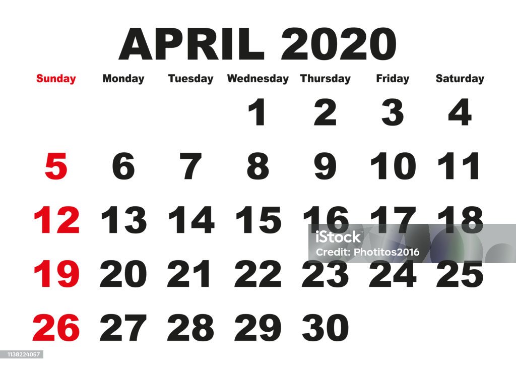 ปฏิทินเดือนเมษายน 2020 ภาษาอังกฤษสหรัฐอเมริกา ภาพประกอบสต็อก -  ดาวน์โหลดรูปภาพตอนนี้ - 2020, กระดาษ - วัสดุ, กลางวัน - Istock