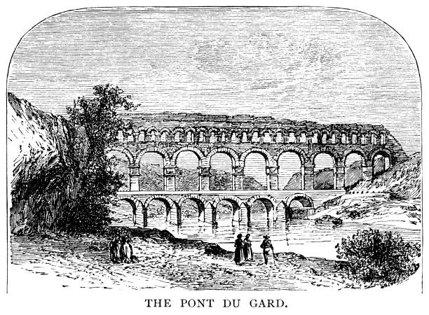 ilustraciones, imágenes clip art, dibujos animados e iconos de stock de el pont du gard, un antiguo acueducto romano en el sur de francia - roman aqueduct