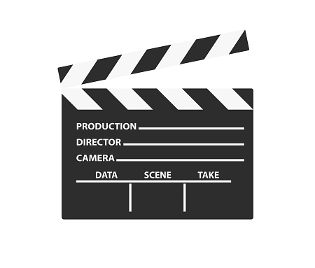 Realistic film clapper sign. Simple icon or logo isolated on white background. Flat style vector illustration.