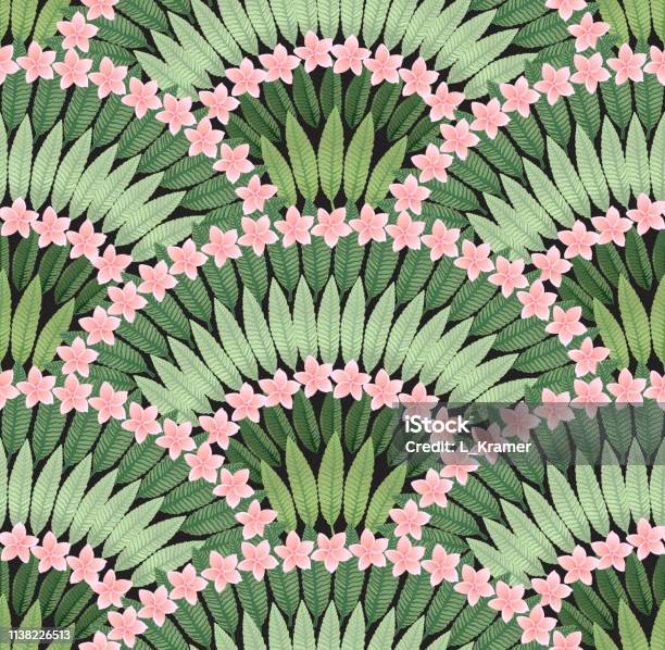Vector Seamless Pattern Of Hand Drawn Tropical Pink Plumeria Flowers And Green Blue Leaves On A Dark Black Background Wallpaper Wrapping Paper Hawaii Print Stock Illustration - Download Image Now