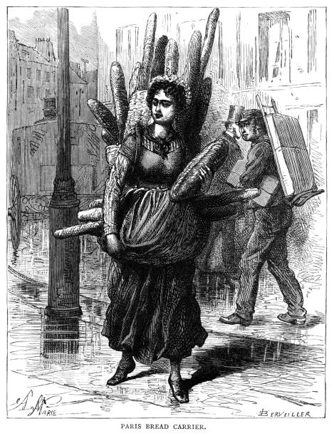 Woman carrying loaves of bread in a street in Paris, France A woman carrying loaves of bread in panniers on her back and held in her apron as she walks along a pavement in Paris, capital of France. From “French Pictures: Drawn With Pen and Pencil” by the Rev. Samuel G. Green, D.D. Published by The Religious Tract Society, London, 1878. bread bakery baguette french culture stock illustrations