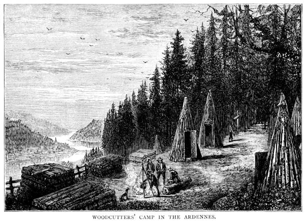 Woodcutters' camp in the Ardennes Forest, France A traditional woodcutters’ encampment in the Forest of the Ardennes in France (now partly in Belgium, Germany and Luxembourg). From “French Pictures: Drawn With Pen and Pencil” by the Rev. Samuel G. Green, D.D. Published by The Religious Tract Society, London, 1878. ardennes department france stock illustrations