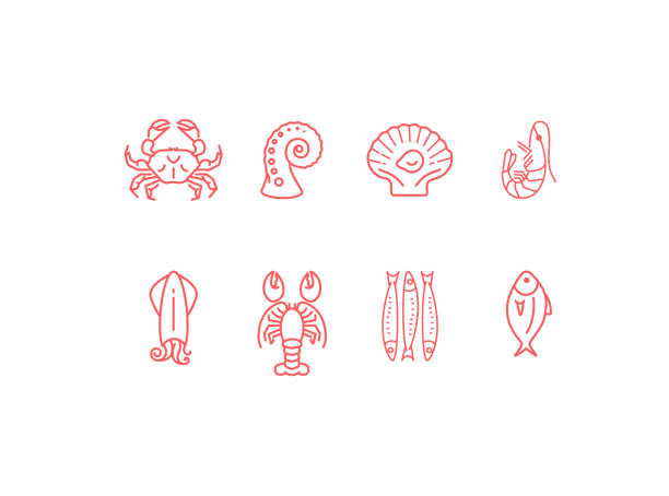 rote linearen meeresfrüchte icon set, flaches design - shrimp stock-grafiken, -clipart, -cartoons und -symbole