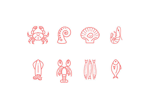 ilustraciones, imágenes clip art, dibujos animados e iconos de stock de conjunto de iconos de mariscos lineales rojos, diseño plano - camarón marisco
