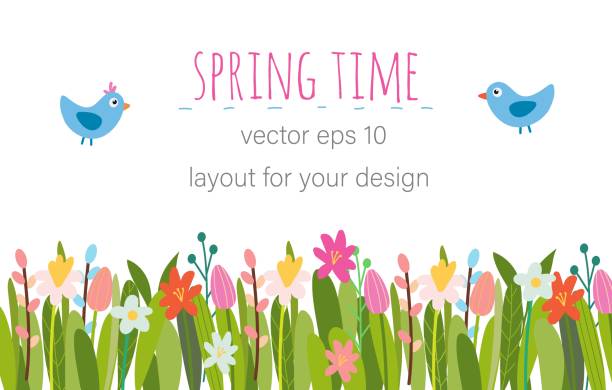 Vector Easter floral background. Vector Easter floral background. Spring flowers, herbs, leaves, branches, eggs and chicken. Hand-drawn border perfect for greeting cards, booklets, advertisement, banners, posters spring banner stock illustrations