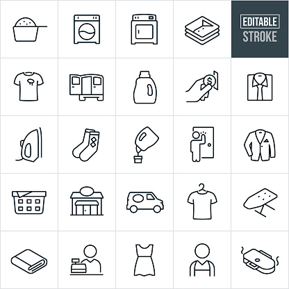 A set laundromat icons that include editable strokes or outlines using the EPS vector file. The icons include a laundromat, washing machine, dryer, laundry, laundry detergent, clean cloths, dirty cloths, delivery van, coin operated machine, dress shirt, iron, socks, pick-up, suit jacket, laundry basket, ironing board, cashier, dress and laundry press to name just a few.