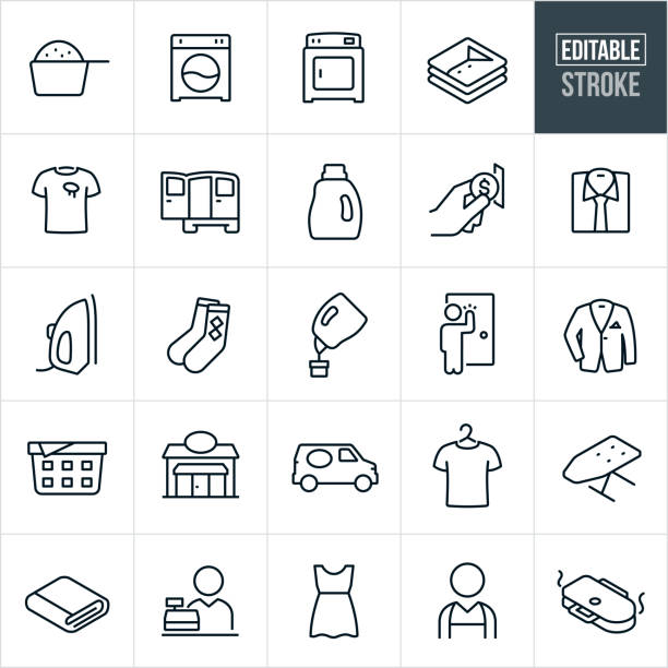 Laundromat Thin Line Icons - Editable Stroke A set laundromat icons that include editable strokes or outlines using the EPS vector file. The icons include a laundromat, washing machine, dryer, laundry, laundry detergent, clean cloths, dirty cloths, delivery van, coin operated machine, dress shirt, iron, socks, pick-up, suit jacket, laundry basket, ironing board, cashier, dress and laundry press to name just a few. laundry stock illustrations