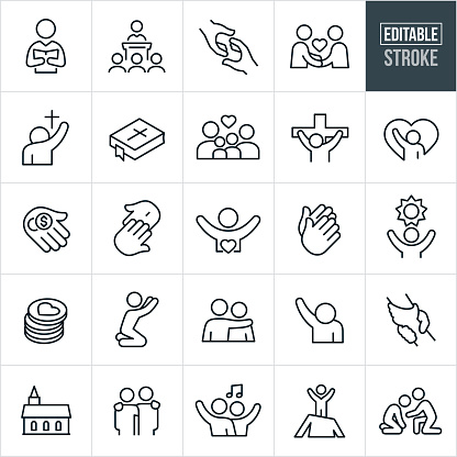 A set of Christian worship icons that include editable strokes or outlines using the EPS vector file. The icons include a pastor, preacher, pastor giving sermon to congregation, rescuing hand, fellowship, person worshiping, bible, family, Jesus Christ on the cross, tithing, donations, crucifixion, praying hands, hope, person praying, arm around shoulder, arm raised in worship, clasped hands, reaching out, church and gospel music to name a few.