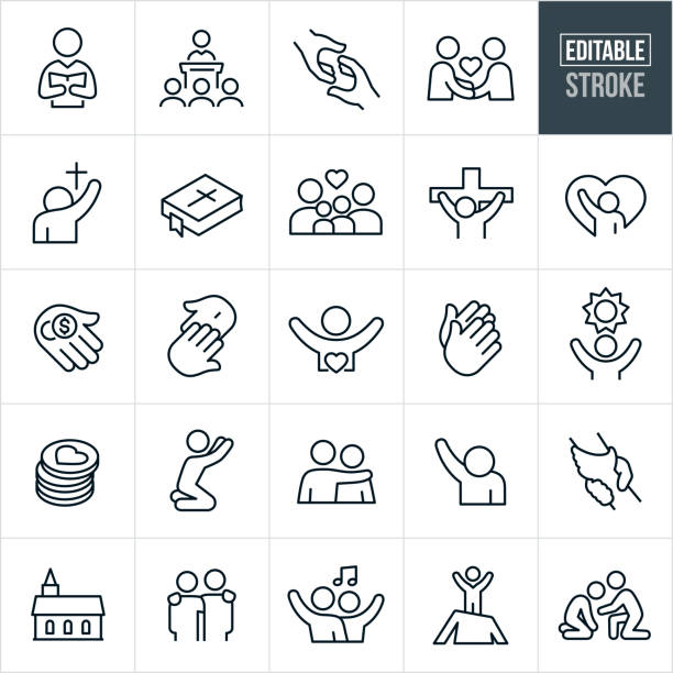 Christian Worship Thin Line Icons - Editable Stroke A set of Christian worship icons that include editable strokes or outlines using the EPS vector file. The icons include a pastor, preacher, pastor giving sermon to congregation, rescuing hand, fellowship, person worshiping, bible, family, Jesus Christ on the cross, tithing, donations, crucifixion, praying hands, hope, person praying, arm around shoulder, arm raised in worship, clasped hands, reaching out, church and gospel music to name a few. bible stock illustrations