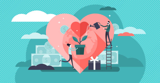 Philanthropy vector illustration. Tiny voluntary charity persons concept. Philanthropy vector illustration. Flat tiny voluntary charity persons concept. Symbolic love of humanity as nonprofit social teamwork. Support contribution, gifts and abstract public good improvement. community outreach illustrations stock illustrations