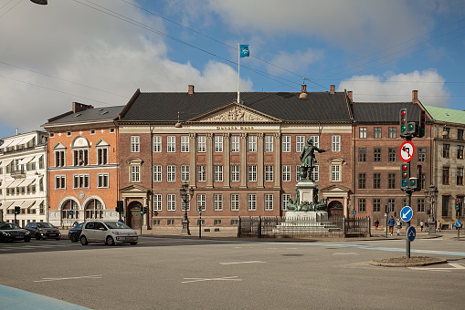 Copenhagen, Denmark - March 24, 2019: Danish Bank or Danske Bank is the biggest and one of the oldest banks in Denmark. It has home in a row of historical houses in Copenhagen