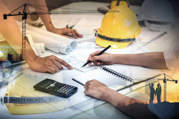 Office Engineer Civil Engineer Jobs, Double exposure of Project Management Team and Construction Site with tower crane background, Engineer Designer Consultant and Architecture Team concept. project management photos stock pictures, royalty-free photos & images